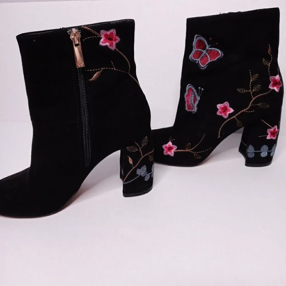 Nanette Lepore Black Suede Embroidered Lilly Ankle